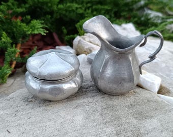 Vintage Italian Set Pewter Creamer Jug and Leaded Sugar Bowl