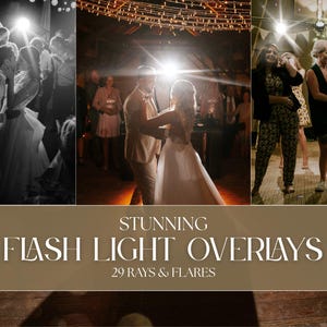 Pode incluir: Uma imagem composta mostrando cenas de casamento com efeitos de luz de flash. As cenas incluem um casal dançando e convidados celebrando. A imagem também apresenta o texto "STUNNING FLASH LIGHT OVERLAYS 29 RAYS & FLARES".