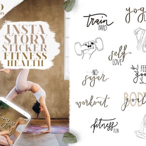 Könnte beinhalten: Ein Set mit 100 Fitness- und Gesundheits-Instagram-Story-Stickern. Die Sticker zeigen verschiedene motivierende Sprüche und Bilder, darunter Yoga-Posen, Hanteln und Trainingszitate. Der Text auf den Stickern lautet "yoga love", "train hard", "self love", "no sugar", "workout", "fitness fun", "feel good" und "body goals".