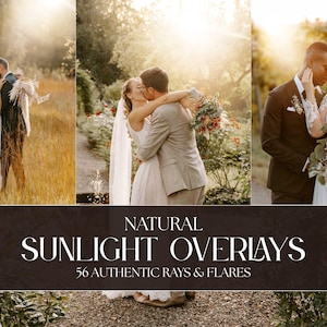 以下が含まれることがあります： 自然光が差し込む3つの結婚式のシーンを組み合わせた画像。シーンはカップルが抱き合っている様子で、「NATURAL SUNLIGHT OVERLAYS」と「56 AUTHENTIC RAYS & FLARES」のテキストが濃い茶色のバナーに表示されています。