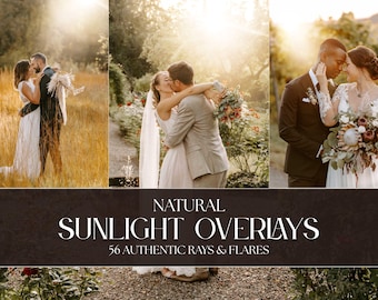 Sunlight & Flares Overlay Set : 56 natural Photoshop overlays for sunset, sun rays, golden hour, light effects, sun flares, ring flare