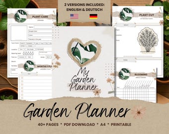 Puede incluir: Un planificador de jardín con un diseño en forma de corazón y el texto "My Garden Planner". El planificador incluye páginas para el cuidado de las plantas, la planificación mensual y el corte de plantas. También incluye el texto "40+ PAGES PDF DOWNLOAD A4 PRINTABLE".