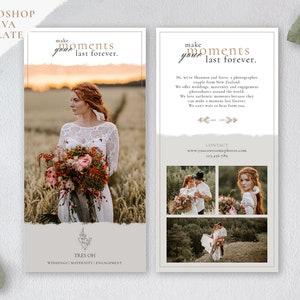 Modelo de panfleto Boho para Canva e Photoshop, PSD Fotógrafo Casamento Fotógrafo de casamento Design moderno Vintage Cartão de marketing Espírito livre Negócios
