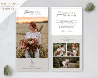 Puede incluir: Una plantilla vertical para una tarjeta de visita de fotografía. La tarjeta presenta una foto de una novia en un campo, el texto "make your moments last forever." y el nombre del negocio "Tres Oh" con el lema "Weddings | Maternity | Engagement". La tarjeta también incluye información de contacto para el negocio.