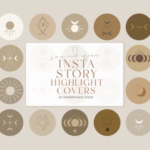 Könnte beinhalten: Zwanzig handgezeichnete Sonnen- und Mond-Icons in Beige, Braun und Weiß. Die Icons sind kreisförmig und zeigen verschiedene Sonnen- und Mond-Designs. Der Text "sun and moon insta story highlight covers 20 handdrawn icons" befindet sich in der Mitte des Bildes.