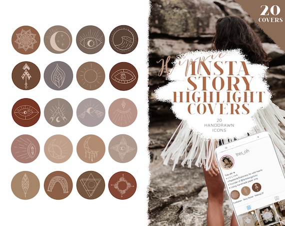 Insta Highlight Story Icons, Instagram Set, Covers, Hippie, Free Spirit, Gypsy, Erdtöne, Boho, abstrakt, Mond, handgezeichnet, Modern