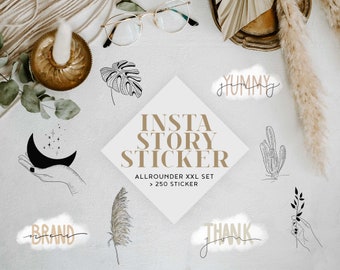 May include: A set of over 250 Instagram story stickers featuring a variety of designs, including a crescent moon, a cactus, a feather, a monstera leaf, a hand holding a branch, and text that says "Yummy", "Brand", and "Thank You".