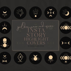 Pode incluir: Conjunto de 20 capas de destaque de histórias do Instagram pretas e douradas com ilustrações de sol e lua. O texto "golden sun and moon insta story highlight covers 20 handdrawn icons" é exibido no centro da imagem.