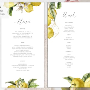 Menü und Getränke Karte "Nicole" Design Vorlage, bearbeitbar, Limone Zitrone, Sommer, Hochzeit, Einladung, Bar, Hochzeitseinladung, Blumen