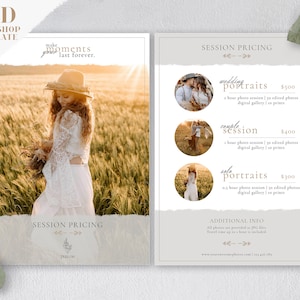 Modelo de lista de preços Boho para Canva e Photoshop, PSD Fotógrafo Casamento Fotógrafo de casamento Design Vintage Marketing Lista de preços Negócios