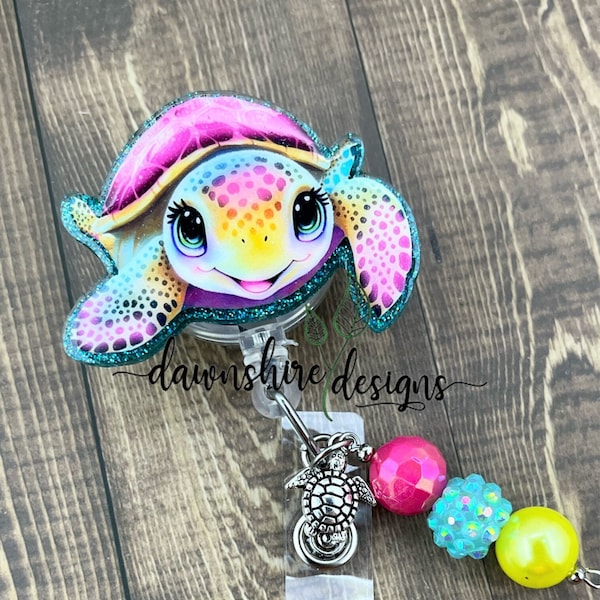 Sea Turtle Badge Reel, Beaded Retractable Work ID