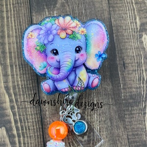 Floral Elephant Badge Reel, Whimsical Animal ID Holder, Retractable Swivel Clip