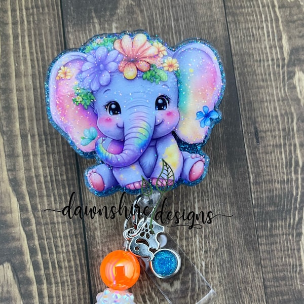 Floral Elephant Badge Reel, Whimsical Animal ID Holder, Retractable Swivel Clip