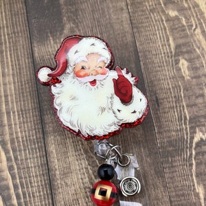 Vintage Santa badge reel, Christmas badge reel, retractable badge holder, beaded badge reel, gift for nurse, gift for ma