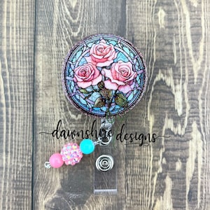 Rose badge reel, flower badge holder, beaded badge, badge reel for nurse, badge reel for office, badge reel for ma, stained glass badge