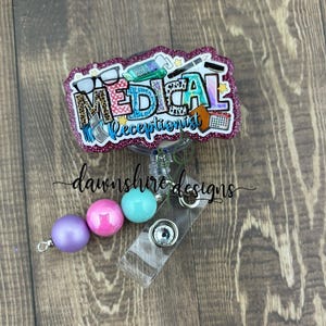Medical receptionist badge reel, medical office badge reel, beaded badge, badge reel for receptionist, retractable reel