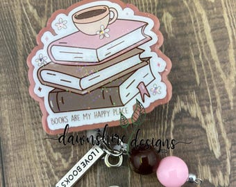 Book Lover Badge Reel, Glitter Vinyl, Handmade Acrylic Badge