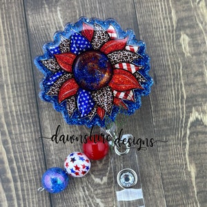 Sunflower Flag Badge Reel, Patriotic Glitter Acrylic Badge Holder