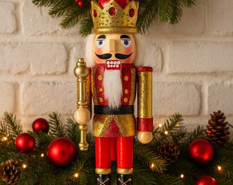 Red & Gold Wooden  Nutcracker Soldier King Figurine | 15" Christmas Mantel Decor