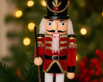 12 Inch Wooden Nutcracker Soldier Figurine, Traditional Red & Gold Christmas Mantel Decor,  Gift