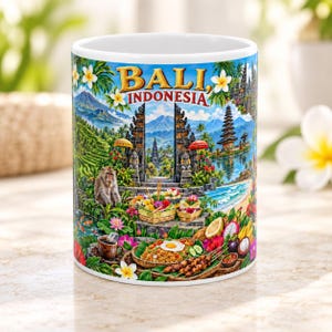 May include: A white ceramic mug featuring a colorful illustration of Bali, Indonesia. The design includes a traditional temple gate, a monkey, lush green rice terraces, tropical flowers, and a plate of nasi goreng with chicken satay skewers.
