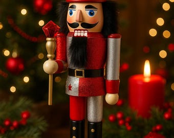 Soldat casse-noisette en bois rouge et argent pailleté avec bijou - Décoration de Noël de 38 cm