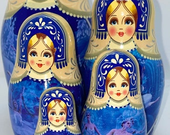 Hölzernes Puppen Ornament-Set - 5-teiliges Ballett-Babuschka-Dekor - Stapelbecher