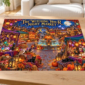 May include: A jigsaw puzzle titled The Witching Hour Night Market featuring a vibrant Halloween scene with glowing lanterns, pumpkins, black cats, an owl, and market stalls under a starry night sky, with several loose puzzle pieces on the side.
