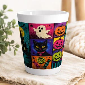 Halloween-Patchwork-Geisterkatzen-Kürbis-Latte-Becher | Gruseliges Spukhaus, Süßigkeiten