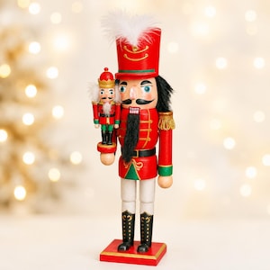 Wooden Nutcracker Soldier, 12 Inch Red Christmas Figurine Holding Mini Nutcracker