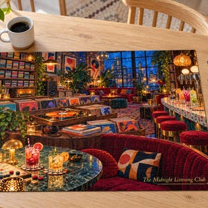 May include: A jigsaw puzzle titled The Midnight Listening Club depicting a cozy lounge with vinyl records, a turntable, a bar with stools, and a red velvet sofa. The scene features a city skyline at night, indoor plants, and two cocktails on a table.