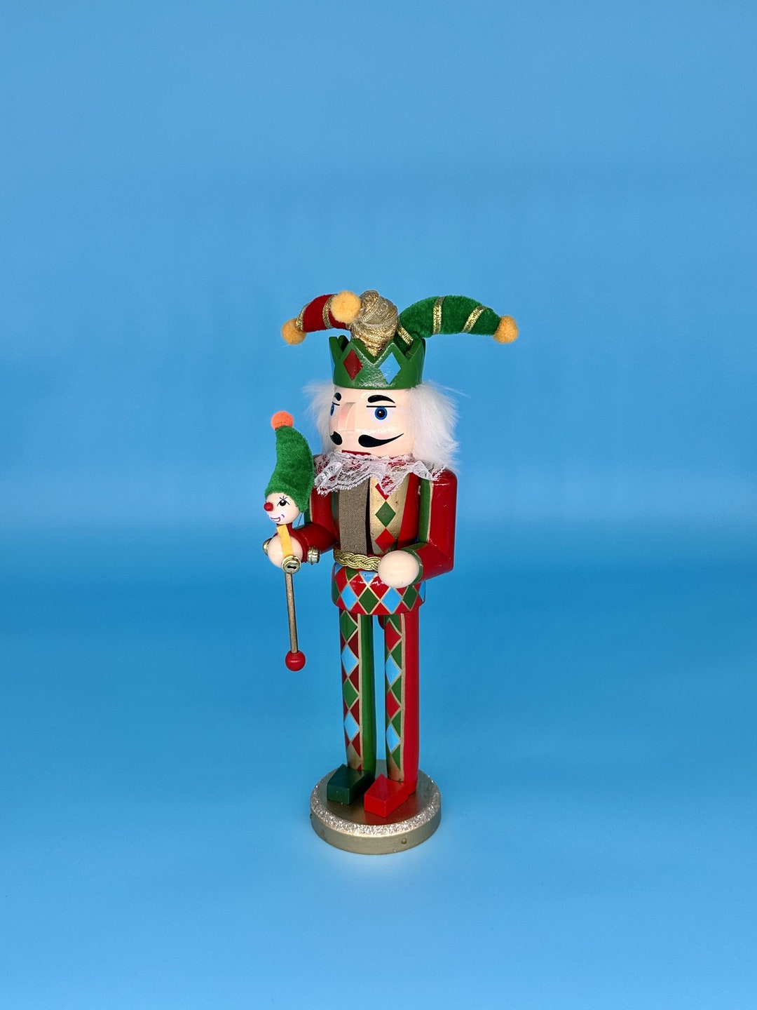 Nutcracker Jester Harlequin 12 Inch Wooden Nutcracker Ornament Mardi