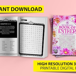 May include: A digital printable Bible word search book titled "Book of Esther" with large print puzzles. The cover features a floral design. The open pages show a word search puzzle and text from Chapter 1:1-2.