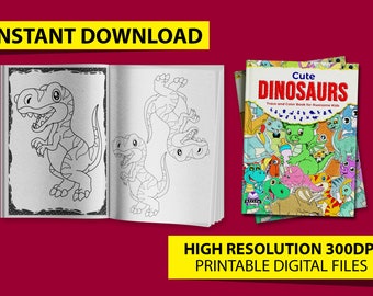 Puede incluir: Un libro para colorear para niños titulado "Cute Dinosaurs" con una colorida portada con varios dinosaurios de dibujos animados. El libro está abierto para mostrar dibujos lineales de dinosaurios. El texto de la imagen dice "Descarga instantánea" y "Archivos digitales imprimibles de alta resolución 300DPI."