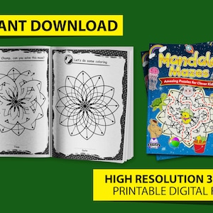 Könnte beinhalten: Ein Satz druckbarer digitaler Dateien für Mandala Mazes, ein Kinderaktivitätsbuch mit schwarzen und weißen Labyrinthen und Malvorlagen. Das Cover zeigt einen blauen Hintergrund mit einem Regenbogen und Sternen. Der Text "Mandala Mazes" ist in Gelb und der Text "Amazing Puzzles for Clever Kids" ist in Weiß.