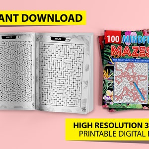 100 Mindful Mazes for Adults and Teens & Clever Kids, Large Print Challenging Puzzles for Smart People, Printable PDF files