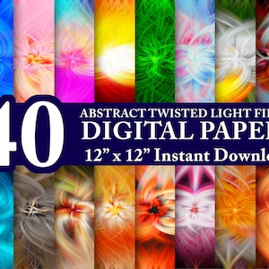 May include: A collage of 40 digital papers featuring abstract twisted light fibers in various colors. The papers are 12 inches by 12 inches and are available for instant download.