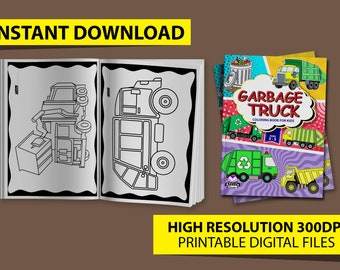 Garbage Truck Coloring Book for Kids Ages 3-5, 6-8 Years Preschool Activity Book Printable PDF Mini Dump Trucks Cans Trash Rubbish Bins
