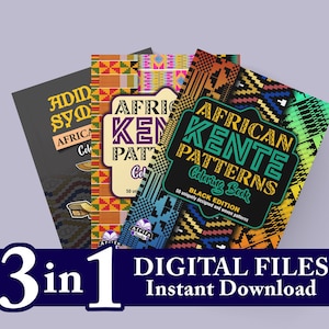 May include: Three digital coloring books featuring African Kente patterns. The covers are colorful and feature a variety of geometric designs. The title of the books is "African Kente Patterns Coloring Book".