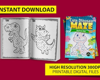 May include: A printable book with black and white illustrations of a dinosaur and a dragon. The book cover features a colorful illustration of a dinosaur with the text "Cute Dinosaur Maze Book for Kids" and "Ages 6-12".