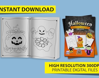 May include: A black and white Halloween tracing and coloring book for kids ages 3-6. The cover features a ghost, a pumpkin, a black cat, and a vampire. The book is titled "Halloween Tracing and Coloring Book for Kids".