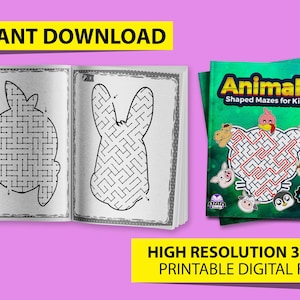 Może przedstawiać: Drukowana książka z ćwiczeniami zatytułowana "Animals Shaped Mazes for Kids". Okładka przedstawia kolorową ilustrację labiryntu w kształcie królika. Książka jest przeznaczona dla dzieci w wieku od 4 do 8 lat.
