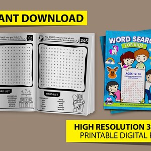 May include: A printable word search puzzle book for kids ages 12-14. The cover features a colorful illustration of children and animals. The book includes 246 word search puzzles with solutions.
