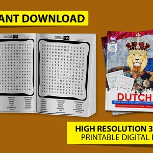 Dutch Word Search PDF 100 Large Print Puzzles with Solutions Woordzoekers Puzzels Grote Letters. Printable Word Find in Dutchland Language