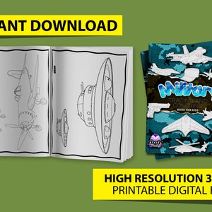 Military Tracing and Coloring Pages for Kids, Children’s Activity Book, 50 Objects featuring airplanes, fighter jets, firearms, submarines
