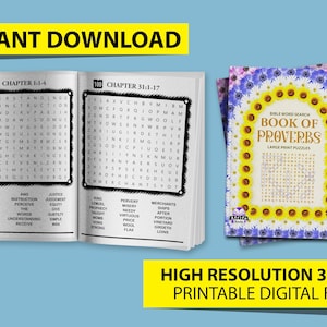 May include: A set of printable Bible word search puzzles featuring the Book of Proverbs. The puzzles are designed with large print for easy reading. The cover features a floral design with sunflowers and daisies.