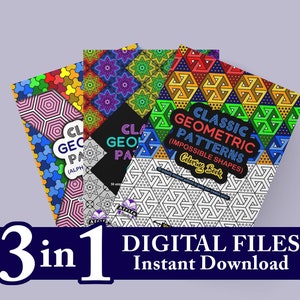 May include: Three digital coloring book files featuring geometric patterns. The covers are colorful and feature a variety of geometric shapes. The title of the book is "Classic Geometric Patterns (Impossible Shapes) Coloring Book".