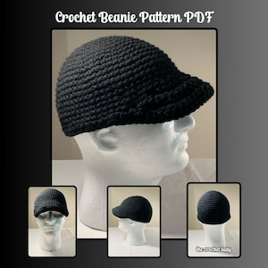 Op de afbeelding: Een zwarte gehaakte beanie met een rand. De beanie wordt getoond op een wit mannequin hoofd. De afbeelding toont ook drie extra weergaven van de beanie.
