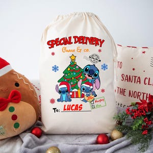 May include: A white canvas Christmas gift bag with a red and green Christmas tree and three blue Stitch characters from the Disney movie Lilo & Stitch. The bag has the text "Special Delivery" and "Ohana Et Co." printed on it. The bag is addressed to "Lucas" and has a checklist for "Naughty" and "Nice".