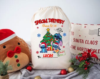 Ohana Stitch Personalised Santa Sack Christmas Bags with Name Christmas Eve Gift Bags Box Holiday Gift Large Santa Sack Stuff Bags SB20